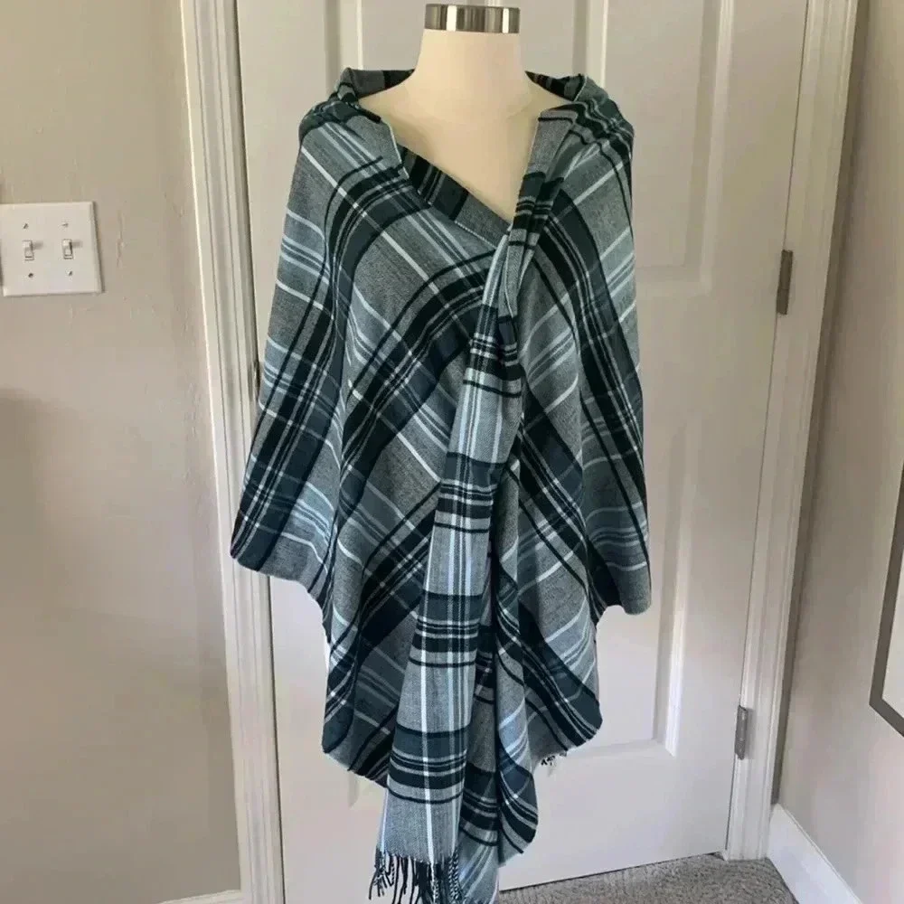 Light blue and black plaid wide scarf/ wrap